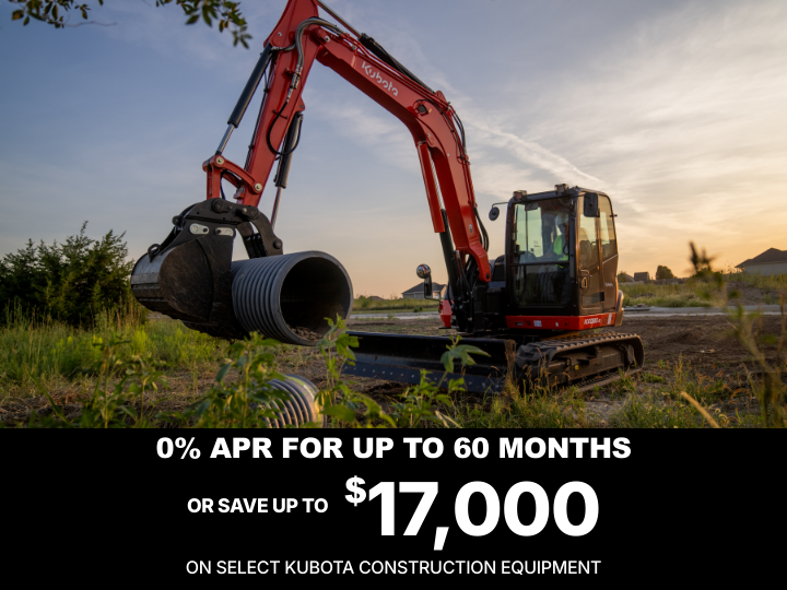 0% APR for 60 months financing offer on Kubota Construction Equipment